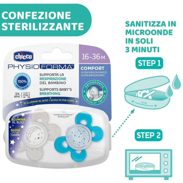 Succhietti Physioforma|Chicco Succhietto Physioforma® Comfort 16-36M (2 Pcs) Silicone Hedgehog And Stars